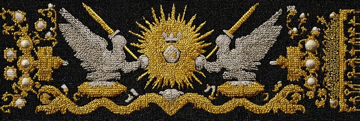 Gold and silver embroidered tapestry featuring heraldic symbols with birds and sun motif