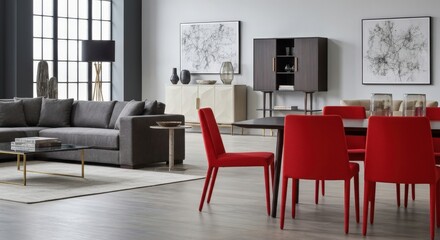 Fototapeta premium Modern Minimalist Living Room with Cozy Couch and Stylish Red Dining Chairs in Bright Space. 3D Rendering, 3D Illustration