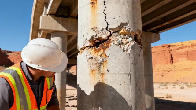 Technician inspecting a bridge support column during dry season evaluating cracks and surface wear for structural integrity under bright sunlight.