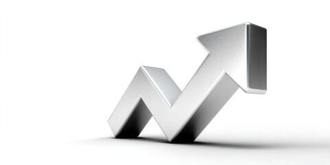 Silver upward arrow, metallic zigzag shape, isolated on white background, symbolizing growth, progress, and financial success