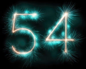 Glowing number 54 formed by sparkling fireworks on dark background, vibrant blue and white light, festive and energetic celebration