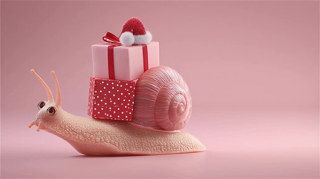 Pink snail carrying Christmas gift boxes against a pink background.