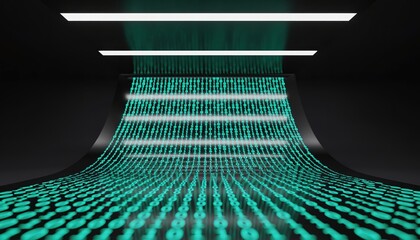 Glowing teal digital data streams flowing abstractly downwards in a dark futuristic setting