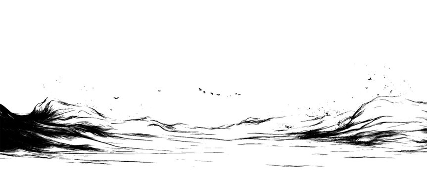 Vector black and white water texture, top view of sea waves, black and white water, background texture.