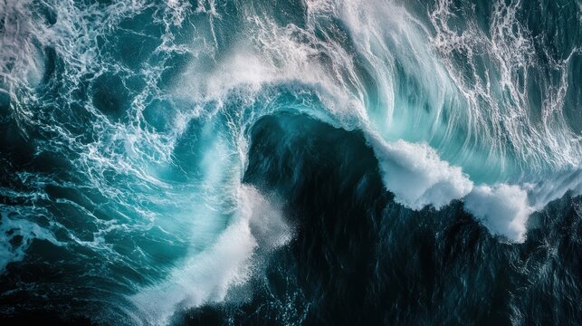The powerful ocean waves crash and curl, creating a mesmerizing display of nature's raw energy and the dynamic beauty of the deep blue sea, showcasing the intricate patterns of the water