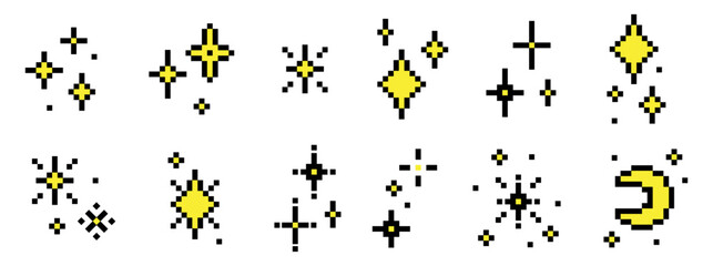 Pixel Star Sparkle Vector Set, Retro Glitter and Magic Icon Collection, isolated
