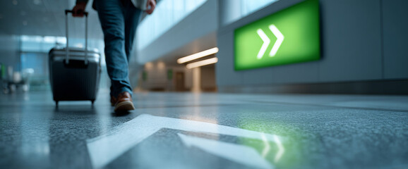 Traveler walking through modern airport terminal pulling suitcase with directional arrow on floor and illuminated sign in background
