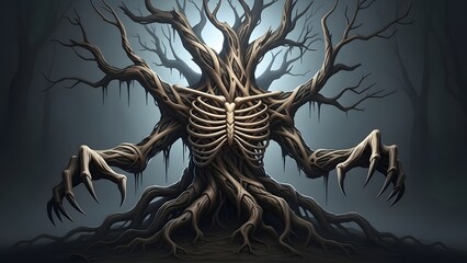 Haunted tree monster with skeletal form stands in a dark and eerie forest