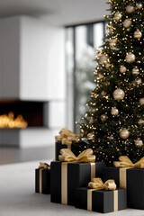 Fototapeta premium Elegant Christmas tree with gold ornaments and black gift boxes with gold ribbons in modern living room, cozy festive atmosphere