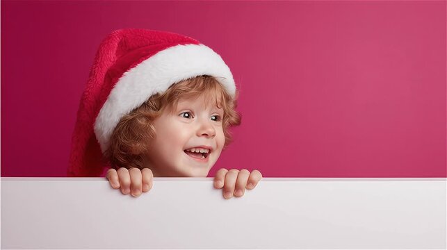 Excited child in Santa hat peeking over blank white board.