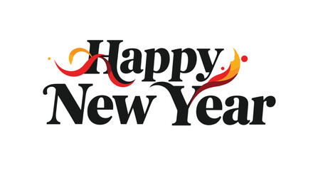 Vibrant 'Happy New Year' greeting in elegant black typography, adorned with dynamic red, orange, and yellow decorative swirls for festive celebrations.