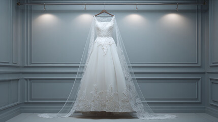 A stunning wedding dress hanging gracefully under soft lighting, evoking elegance and anticipation. The details of the dress are exquisitely captured