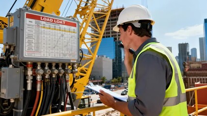 Operator performing safety inspection on a crane verifying load limits and mechanical integrity before urban construction work.