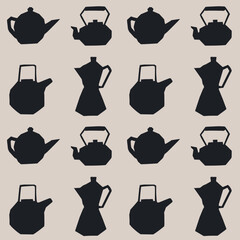 Abstract seamless pattern of silhouettes of teapots, kettles, and coffee makers. Flat style vector illustration.	