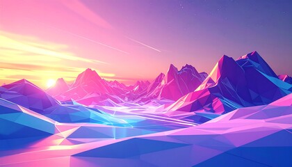 Low-poly mountains glow with pink and blue hues under a bright sunset and starry sky
