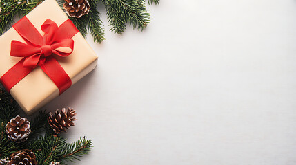 Christmas Gift Box with Red Ribbon, Pine Branches and Cones on White Background for Holiday Card, Invitation, Banner, Promotion