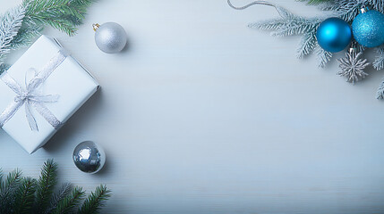 Winter Christmas Gift Box with Blue and Silver Ornaments and Pine Branches on Light Background for Holiday Card, Invitation, Banner Design