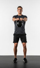 Young man holding kettlebell training for strength