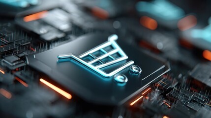 A glowing shopping cart icon on a futuristic digital circuit board represents e-commerce and online shopping technology.