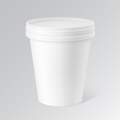 Realistic paper cup with lid mockup. Vector illustration isolated on grey background. Can be used for ice cream, sour and foods.  Perfect for easy customisation and editing your graphics. EPS10.