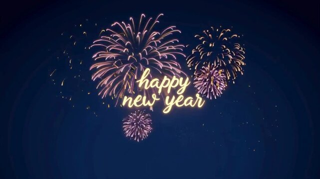 yellow happy new year text over navy blue background and colorful fireworks exploding
