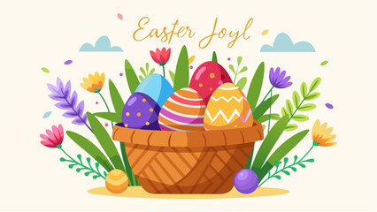 easter basket with easter eggs and flowers
