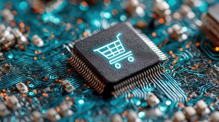 A black microchip with a glowing blue shopping cart icon sits on a detailed circuit board, symbolizing digital commerce and technology integration.