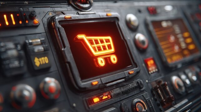 A futuristic control panel features a glowing orange shopping cart icon on a screen, blending advanced technology with e-commerce symbolism.