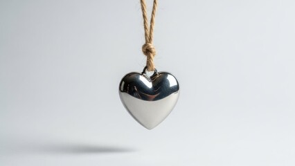 Metal heart pendant hanging on rustic string minimal love symbol on light background for romantic message and relationship concept