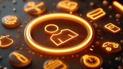 A glowing orange user icon surrounded by various digital symbols on a dark, tech-themed surface.
