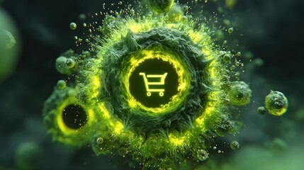 A glowing green virus-like structure with a shopping cart icon in the center, symbolizing e-commerce or online shopping in a digital, biological context.