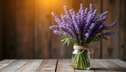 A rustic glass jar filled with fresh lavender stems placed on a wooden table in warm natural light for botanical and aromatherapy themes.