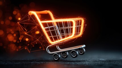 A glowing digital shopping cart icon with connected network lines symbolizes e-commerce and online retail technology.
