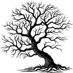 Twisted Leafless Tree – Dramatic Black and White Illustration