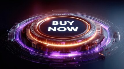 A futuristic digital button with glowing neon lights displays "BUY NOW" in the center, symbolizing online shopping and e-commerce technology.