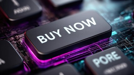 A close-up of a keyboard key labeled "BUY NOW" illuminated by neon purple lighting on a digital circuit board background.