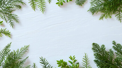 Green Pine Branches on White Wooden Background, Natural Fresh Border Design for Holiday Card, Invitation, Banner, Poster, Nature Theme

