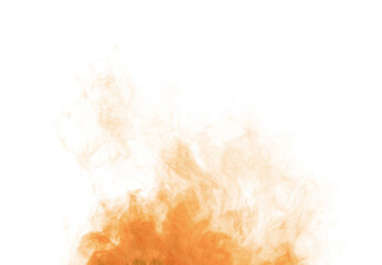 brown dust and smoke rising on white background, glowing atmospheric texture for visual effects, fire energy motion, abstract vapor form, and cinematic composition design. orange powder explosion