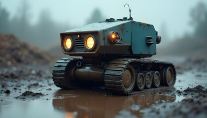 Tracked ground robot with headlights illuminated on a wet outdoor surface for autonomous vehicle and robotics exploration themes.
