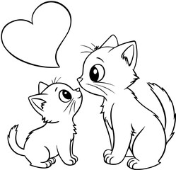 Cartoon Cats with Heart – Cute Black and White Drawing
