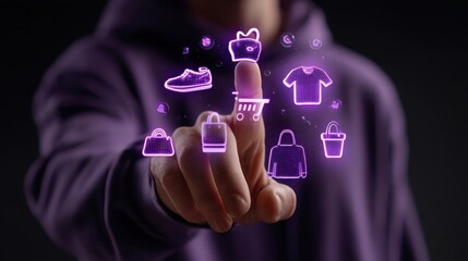 A person interacts with floating purple icons representing shopping items like shoes, clothes, and bags against a dark background.