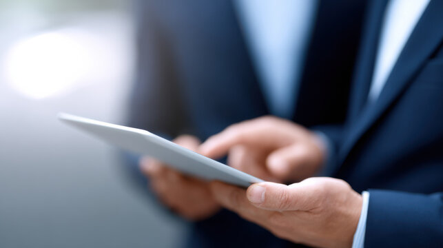 Businessman using digital tablet close up, technology concept with blurred background and soft light - Powered by Adobe
