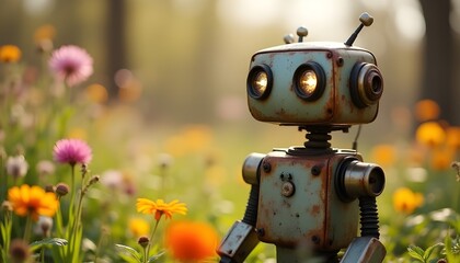 Small rusted robot sitting among flowers in a bright garden scene representing whimsical robotics and nature interaction concepts.