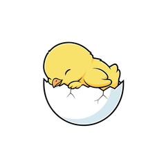 Cute chick sleeping in cracked eggshell illustration.