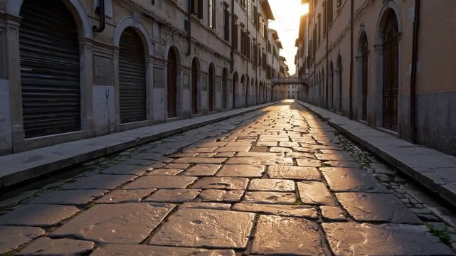 Narrow cobblestone streets capture the soft glow of evening light, guiding the eye through a silent village. The quaint buildings stand tall, lining the pedestrian pathway with cha