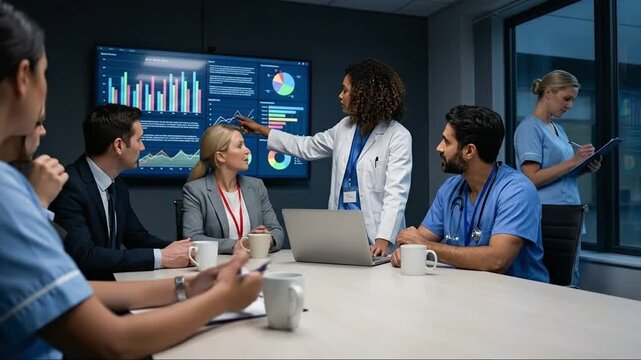 Diverse healthcare professionals and business executives collaborating on data analysis in a modern conference room, reviewing medical statistics a...