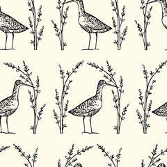 Vector seamless pattern with hand drawn cute Spotted redshanks in graceful floral arches. Beautiful wildlife design elements, perfect for prints and patterns