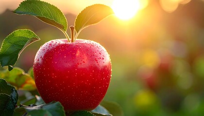 Dewy red apple shines, backlit by warm sunlight, nestled among green leaves on the branch of a tree