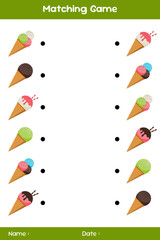 Match of ice creams. Connect the same ice creams. Matching educational game. Educational children's game. Kids activity sheet