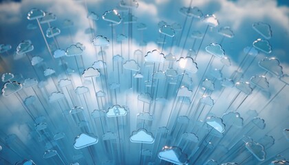 Numerous abstract blue cloud icons reaching upwards with bright light rays symbolizing modern cloud computing and digital data infrastructure